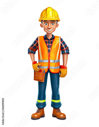 Cartoon 3D Render Construction Worker full body wearing helmet Hyper Detail on white background. isolated
