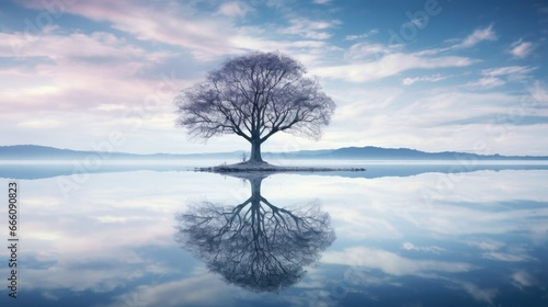  a lone tree stands in the middle of a lake with a mountain in the background. generative ai
