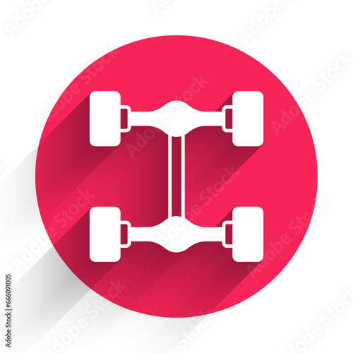 White Chassis car icon isolated with long shadow background. Red circle button. Vector