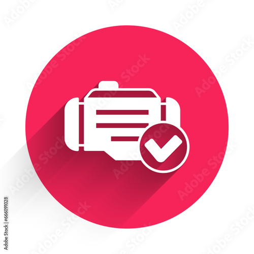 White Check engine icon isolated with long shadow background. Red circle button. Vector