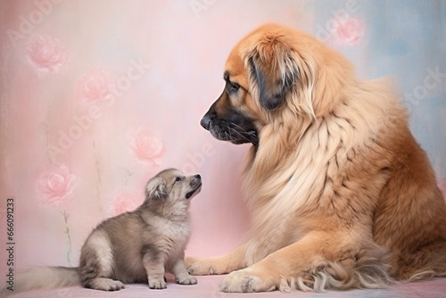Heartwarming moment of a leonberger and kitten in a studio with a pastel backdrop. Generative AI photo