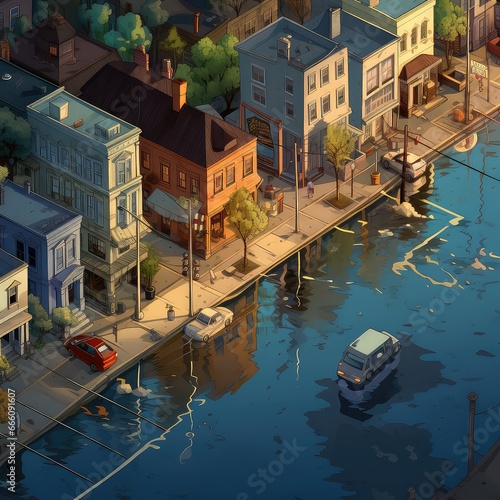Urban Flooding Aerial View Illustration: City Underwater

