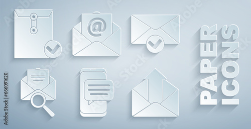 Set Chat messages notification on phone, Envelope and check mark, with magnifying glass, Outgoing mail, Mail e-mail and icon. Vector