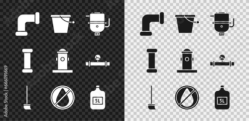 Set Industry metallic pipe, Bucket, Electric boiler for heating water, Mop, Water drop forbidden, Big bottle with clean, and Fire hydrant icon. Vector