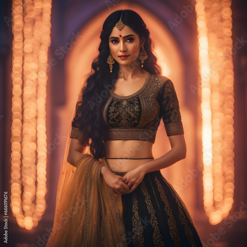A female wear Dream Lehenga Dress with bg ai generated
