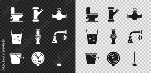 Set Toilet bowl, Industry metallic pipe, and valve, Bucket, Water meter, Mop, Glass with water and icon. Vector