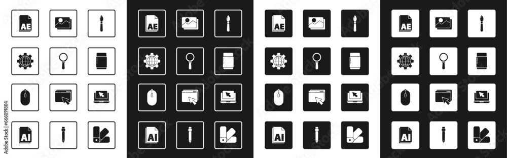 Set Paint brush, Magnifying glass, Globe of the Earth and gear, AE file document, Eraser or rubber, Picture landscape, Laptop cursor and Computer mouse icon. Vector Set Paint brush, Magnifying glass, Globe of the Earth and gear, AE file document, Eraser or rubber, Picture landscape, Laptop cursor and Computer mouse icon. Vector