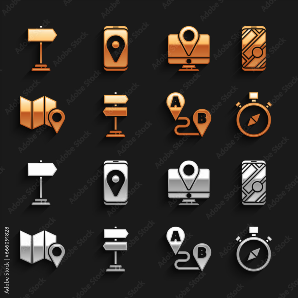 Set Road traffic sign, City map navigation, Compass, Route location, Folded with marker, Monitor, and icon. Vector Set Road traffic sign, City map navigation, Compass, Route location, Folded with marker, Monitor, and icon. Vector
