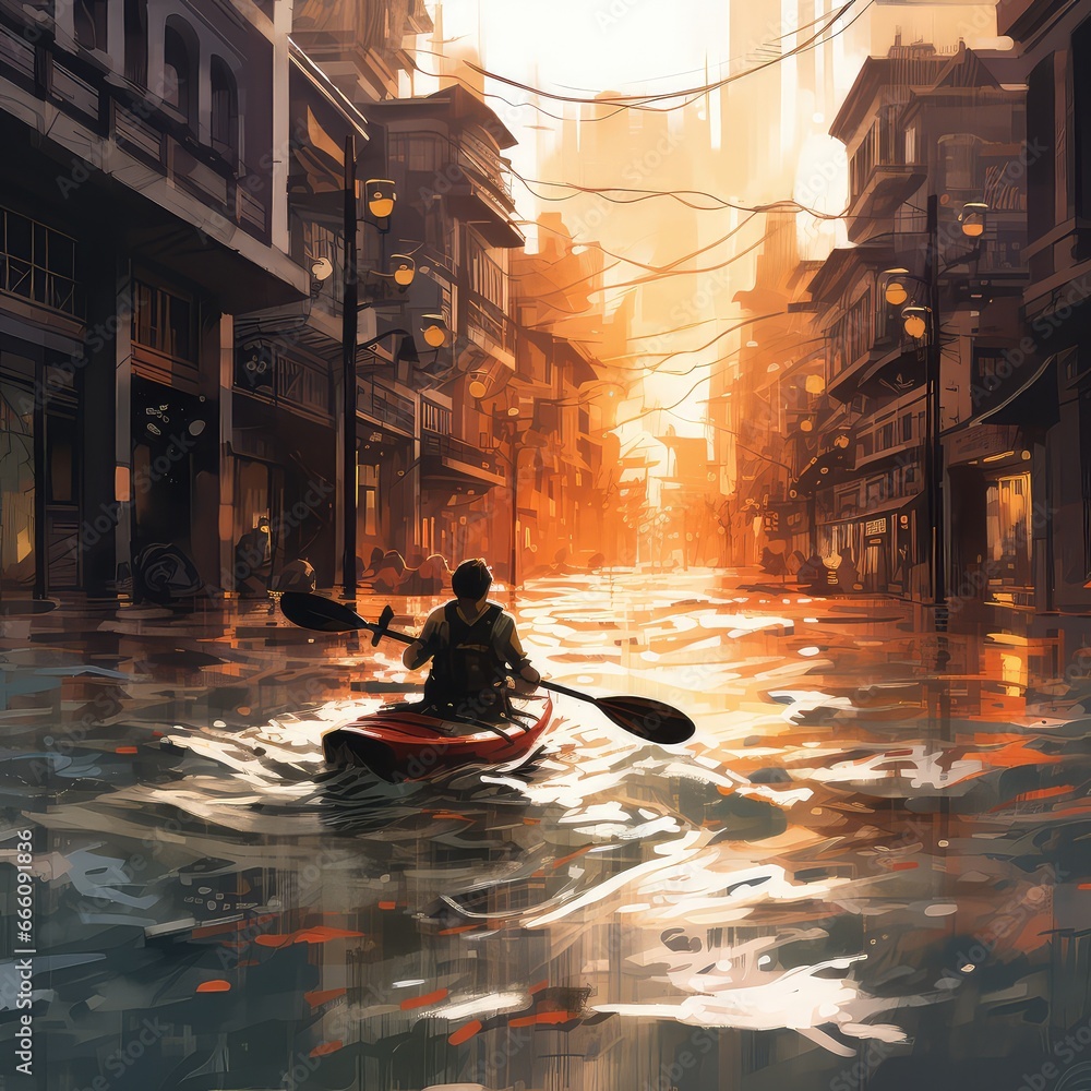 Urban Navigations: Man Kayaking Through Flooded City - Illustration