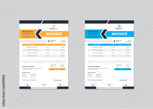Business invoice template. money bills or price invoices and payment agreement design templates colorful