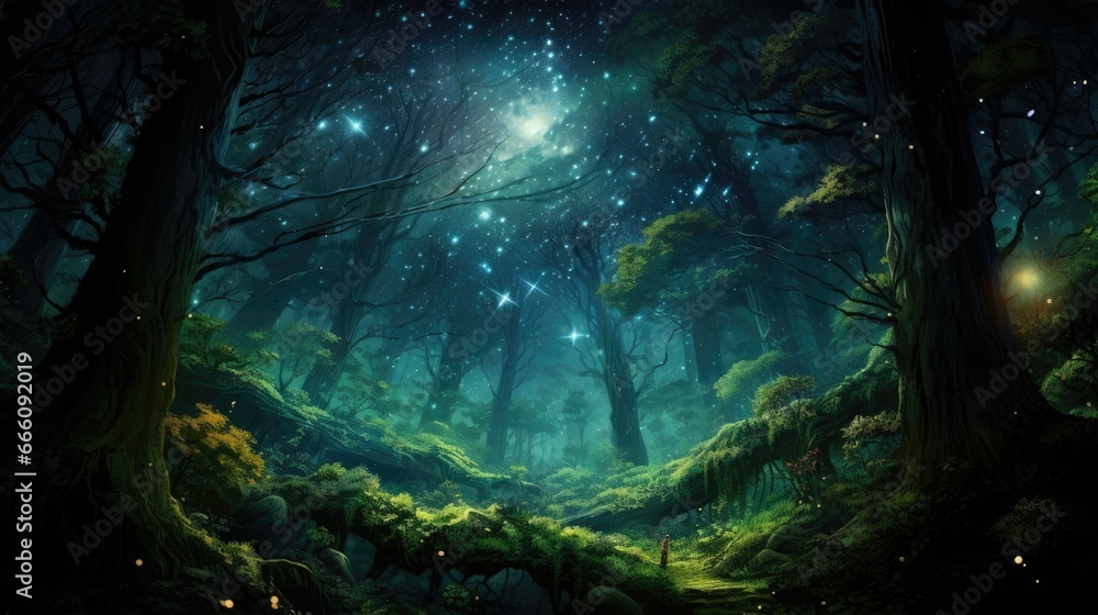  a painting of a dark forest with stars in the sky.  generative ai