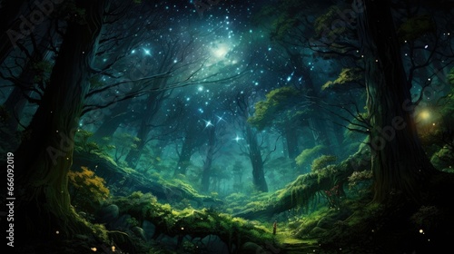 a painting of a dark forest with stars in the sky.  generative ai © Anna