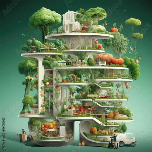 Title: Vertical Bounty: Illustration of Vertical Farming with Fruits and Veggies

