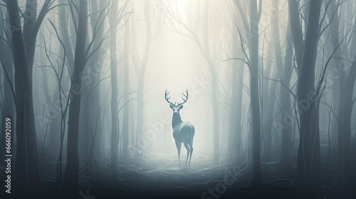  a deer standing in the middle of a forest filled with trees.  generative ai © Anna
