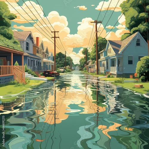 Flooded Suburban Neighborhood Street

