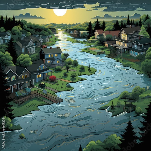Flooded Suburban Neighborhood Illustration

