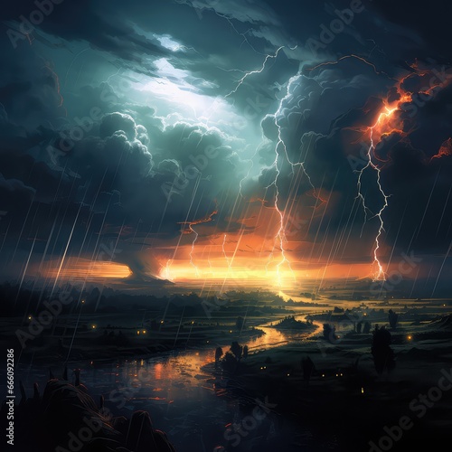 Thunderstorm Dynamics Over Urban Skyline Illustration

