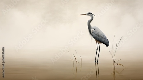  a bird standing in the water with a foggy background.  generative ai © Anna