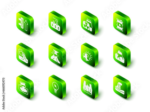 Set Deforestation, Nuclear power plant, Barrel oil, Tsunami, Global warming, Say no to plastic bags poster and Light bulb with leaf icon. Vector