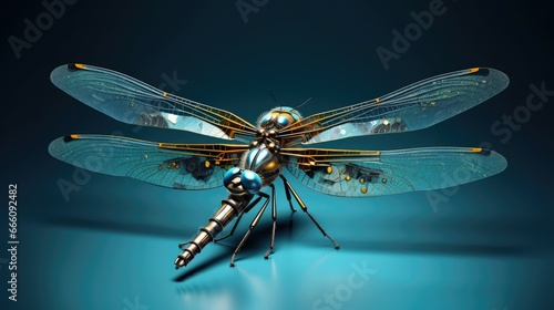  a blue and gold dragonfly sitting on a blue surface.  generative ai © Anna
