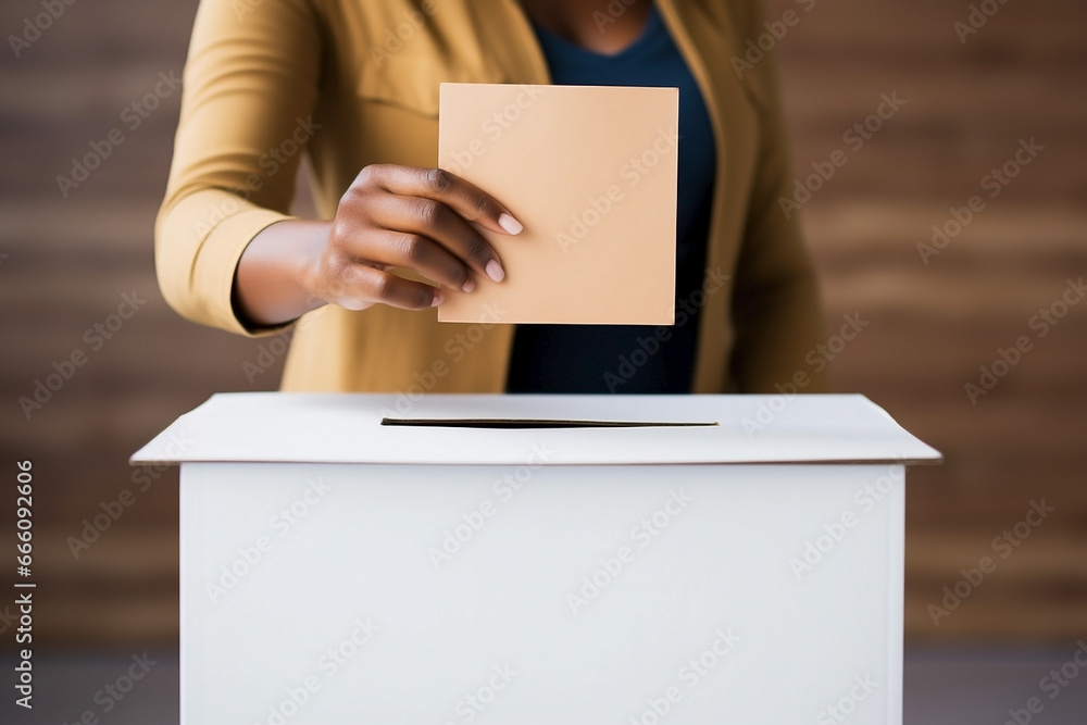 Woman's hand putting envelope into ballot box. Unrecognizable person exercising the right to vote. Woman's hand putting envelope into ballot box. Unrecognizable person exercising the right to vote.