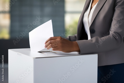 Woman's hand putting envelope into ballot box. Unrecognizable person exercising the right to vote.