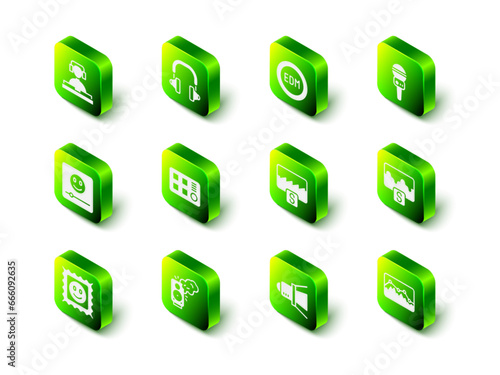 Set Headphones, EDM electronic dance music, Microphone, Music wave equalizer, Movie spotlight and Stereo speaker icon. Vector