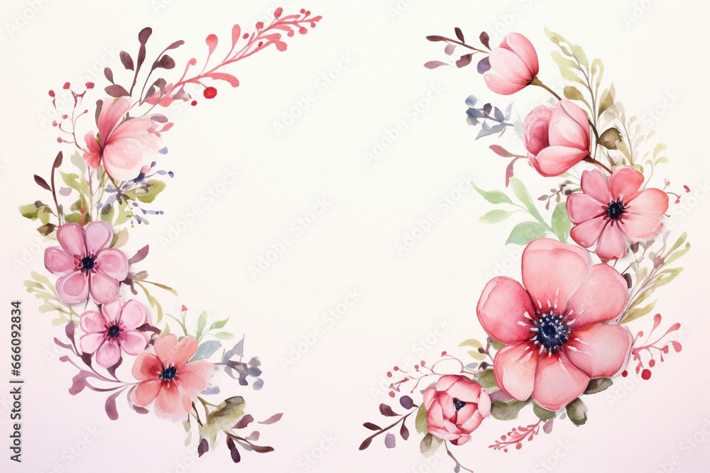 Vibrant watercolor flowers and leaves come together to create a symmetrical floral frame with two mirrored wreaths on a clean white background. Created with generative AI tools