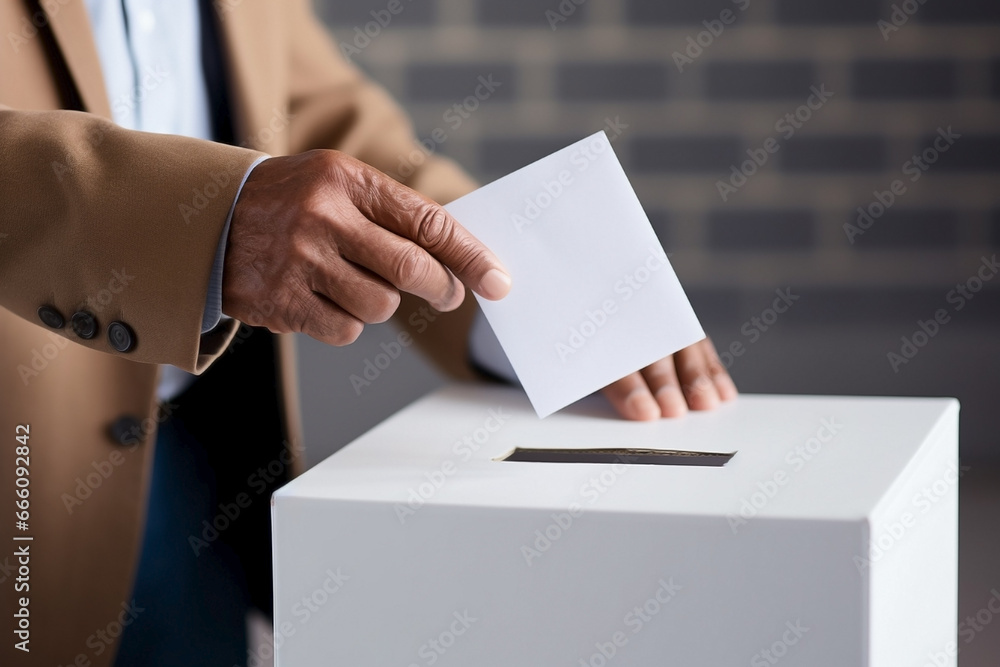 Senior's hand putting white envelope into ballot box. Unrecognizable person exercising the right to vote. Senior's hand putting white envelope into ballot box. Unrecognizable person exercising the right to vote.