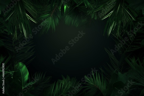 Fresh green jungle palm leaves forming a natural frame set against a verdant backdrop. Created with generative AI tools