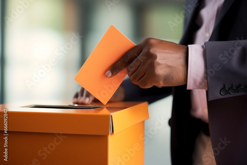 Senior's hand putting orange envelope into ballot box. Unrecognizable person exercising the right to vote. Concept of political decision and democracy.