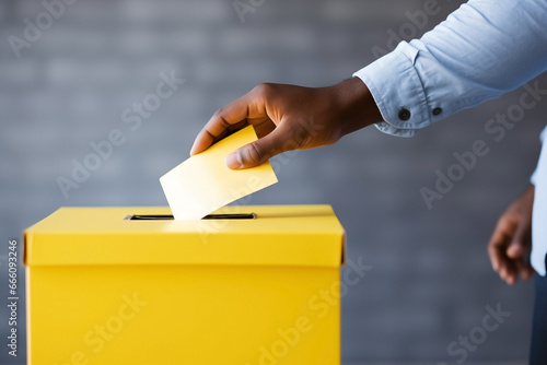 Wallpaper Mural Man's hand putting yellow envelope into ballot box. Unrecognizable person exercising the right to vote. Torontodigital.ca
