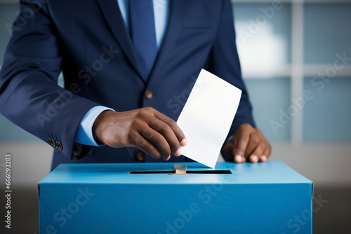 Man's hand putting envelope into blue ballot box. Unrecognizable person exercising the right to vote.