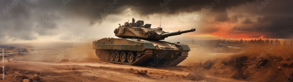 A modern tank in the middle of an empty land preparing for an attack, war, raindrops
