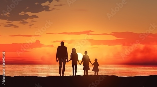 Happy family holding hands on the beach and looking at sunset