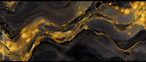 Abstract dark marble acrylic painting with gold veins on black background. © toomi123