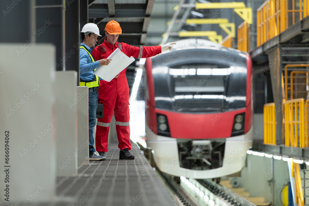 custom made wallpaper toronto digitalAfter the electric train is parked in the electric train repair shop, Electric train engineer and technician with tools inspect the railway and electric trains in accordance with the inspection round