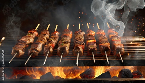 BBQ Grill - Sizzling Meat Skewers with Flames