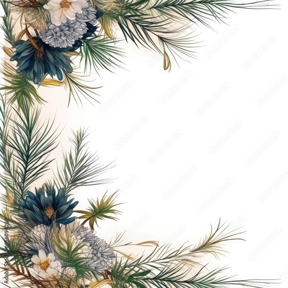 pine needles Floral frame greeting card scrapbooking watercolor gentle illustration border wedding