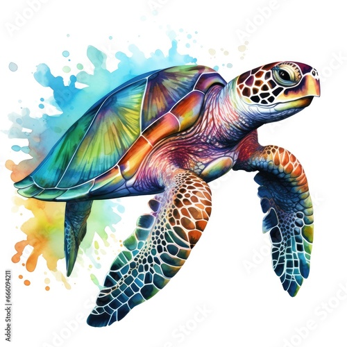 Sea turtle. Realistic, artistic, colored drawing of a sea turtle on a white background in a watercolor style. Generative Ai