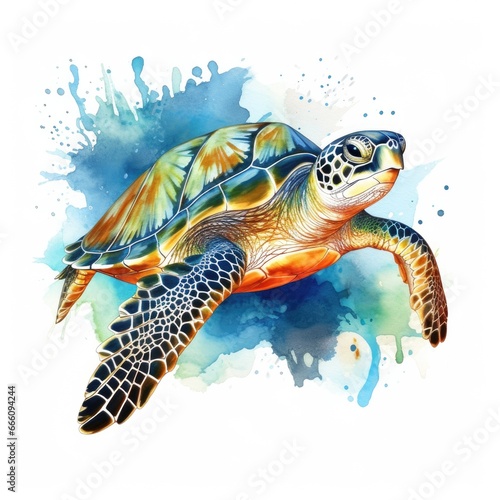 Sea turtle. Realistic, artistic, colored drawing of a sea turtle on a white background in a watercolor style. Generative Ai