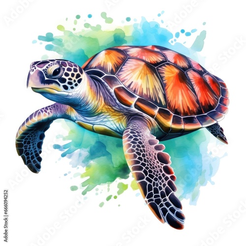Sea turtle. Realistic  artistic  colored drawing of a sea turtle on a white background in a watercolor style. Generative Ai