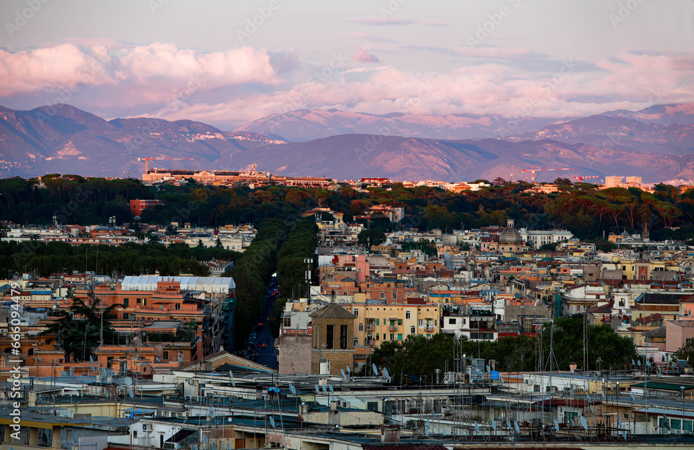 Panorama of the Prati district of Rome, with the hills and nearby towns in the background.