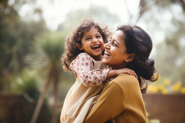 Happy Indian mother having fun with her daughter outdoor. Family and love concept 