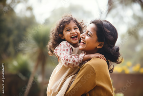 Happy Indian mother having fun with her daughter outdoor. Family and love concept 
