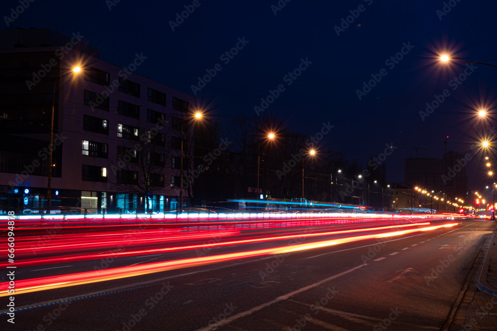 Light traces of cars in the city at night