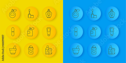 Set line Mortar and pestle, Nail file, Perfume, Bottle of shampoo sponge, Hand mirror, and Mascara brush icon. Vector