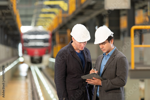 Two businessmen inspect the electric train system using a tablet to reserve equipment for use in repairing tracks and machinery of the electric train transportation system.