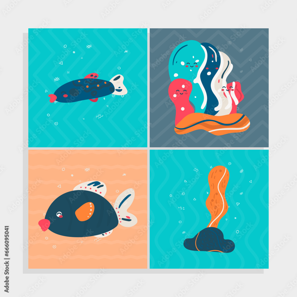 Set of  Undersea animals and plants, vector illustration,simple childish design