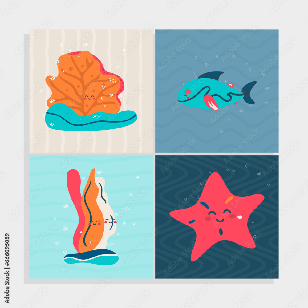 Naklejka premium Set of Undersea animals and plants, vector illustration,simple childish design